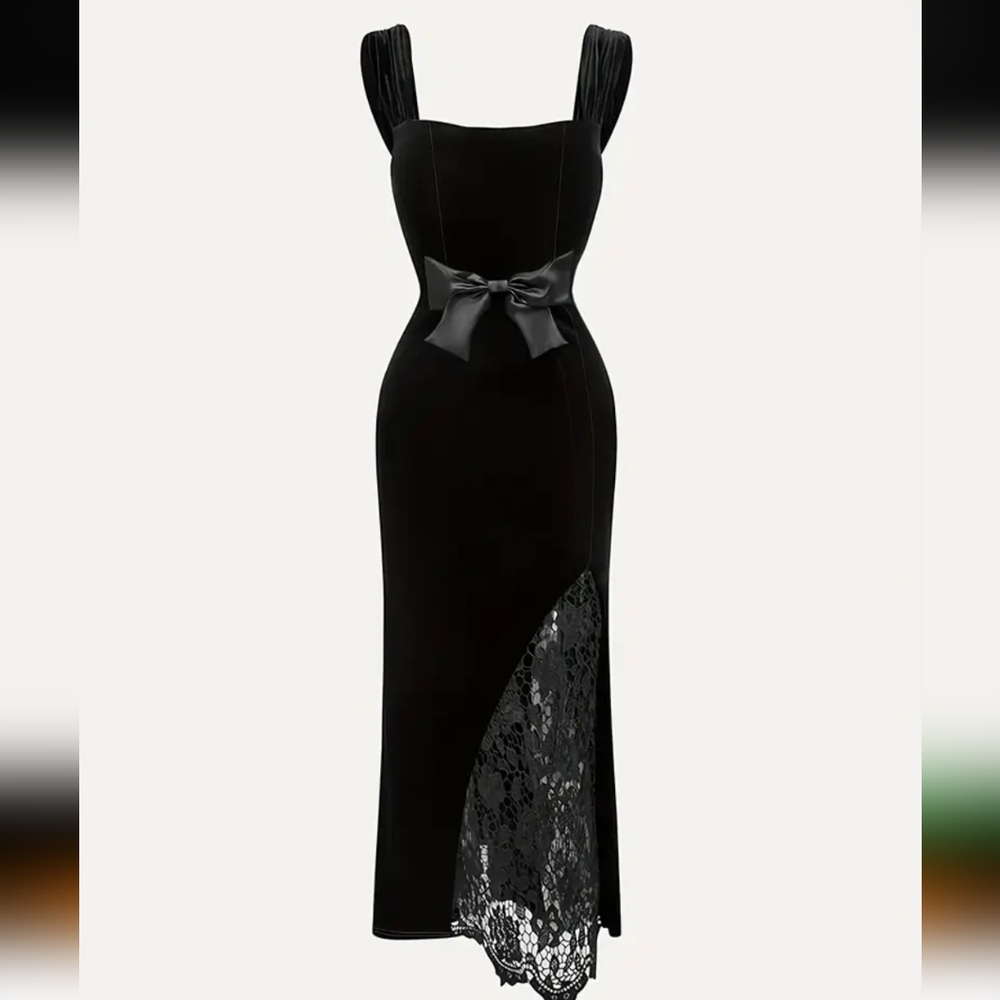 Elegant Black Lace-Trimmed Sleeveless Mermaid Maxi Velvet Dress with Bow Detail - Picture 2 of 4
